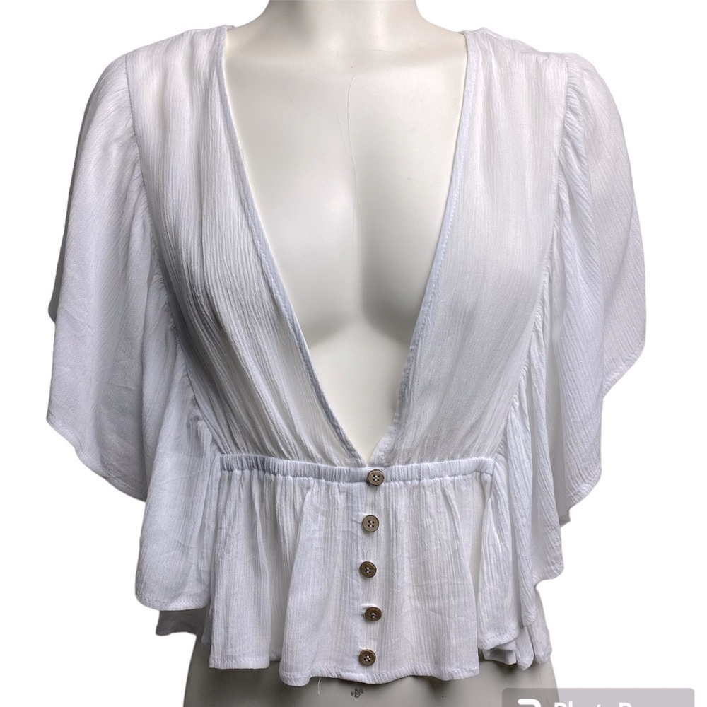 FOREVER 21 PLUNGING NECK RUFFLE SLEEVE TOP BACK TIE STRING TRENDY CHIC SZ MEDIUM